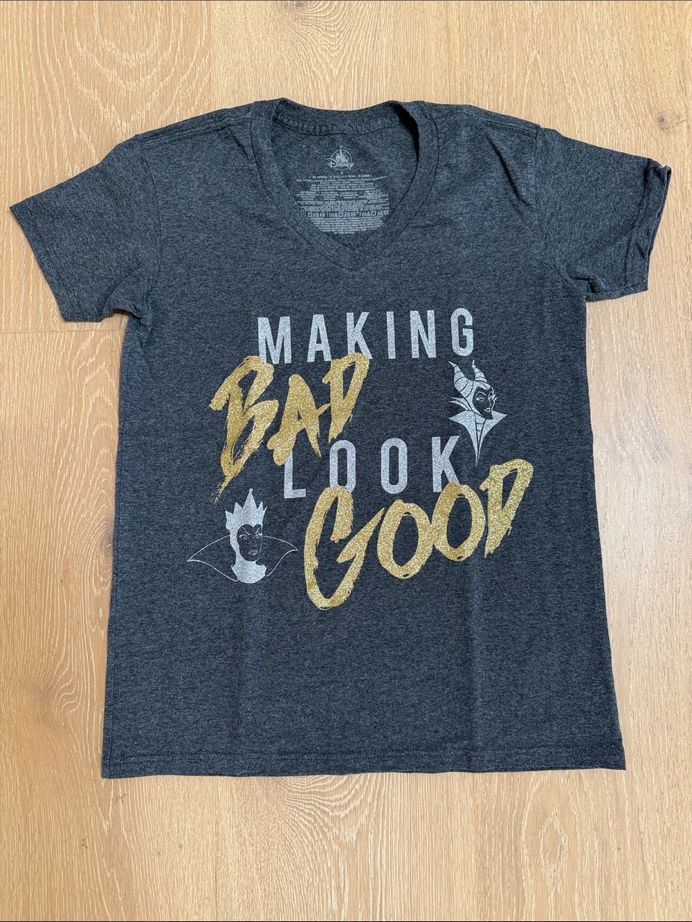 Disney Charcoal Graphic Tee with Gold and Light Gray Print